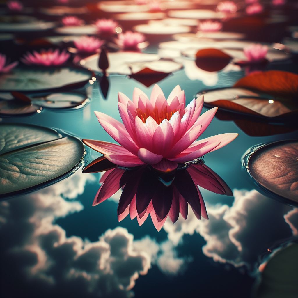 Pink water lily reflecting in pond Pink water lily reflecting in pond