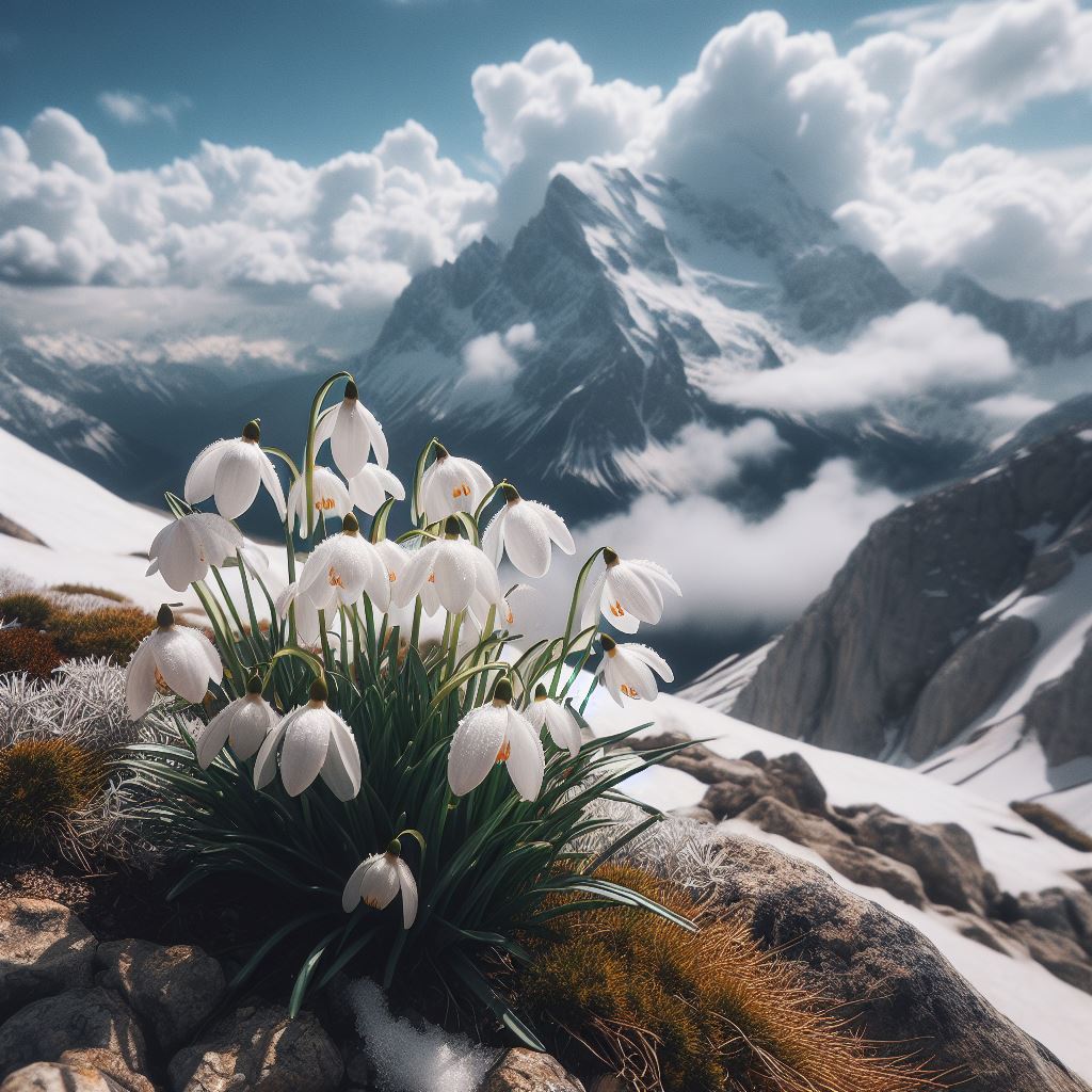 Snowdrops bloom in mountain landscape Snowdrops bloom in mountain landscape