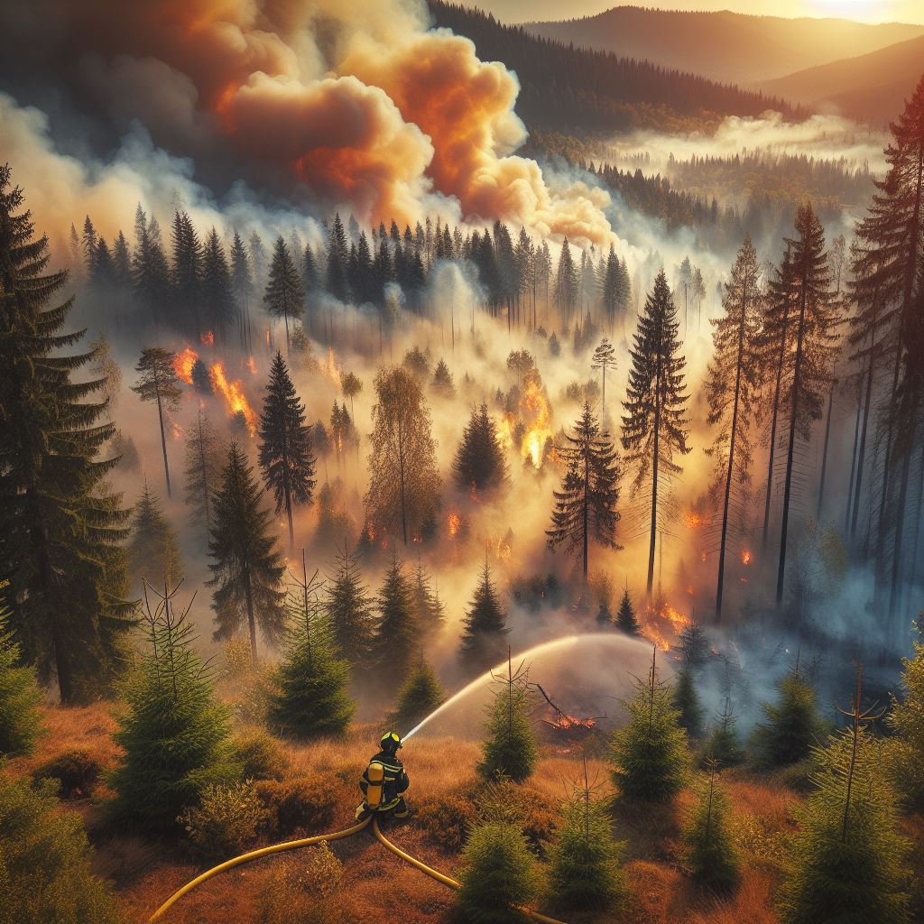 Firefighter battles forest fire at sunset Firefighter battles forest fire at sunset