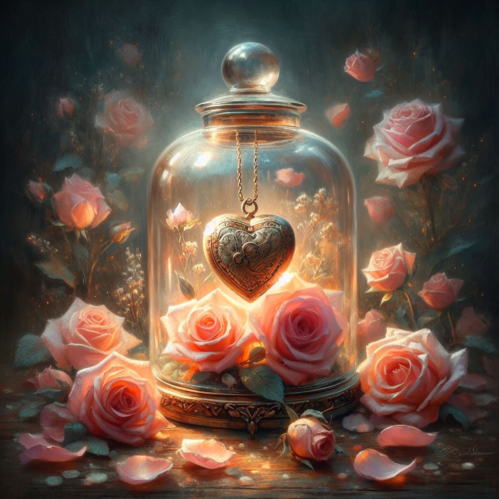 Heart charm in glass dome with roses Heart charm in glass dome with roses