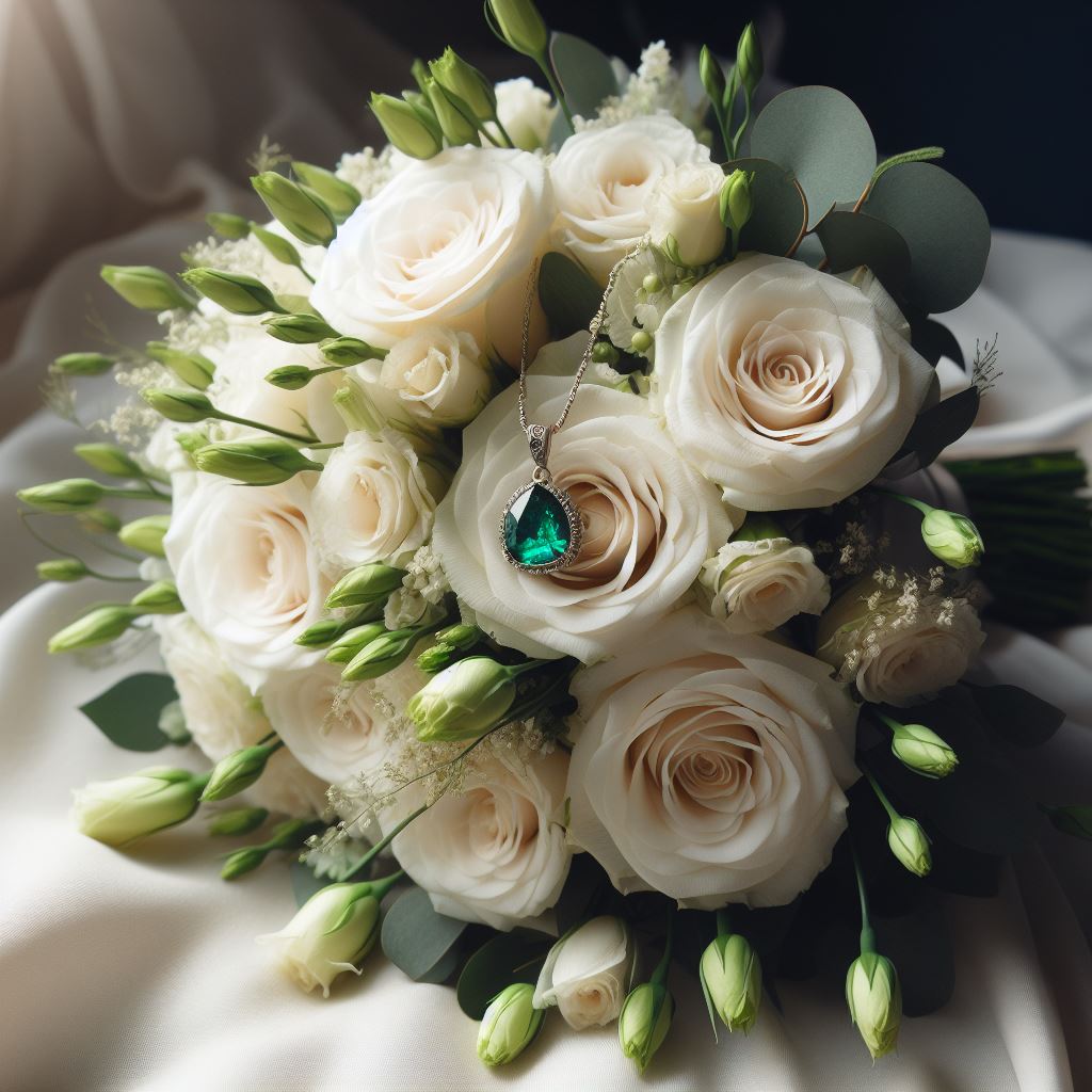 White rose bouquet with emerald pendant White rose bouquet with emerald pendant