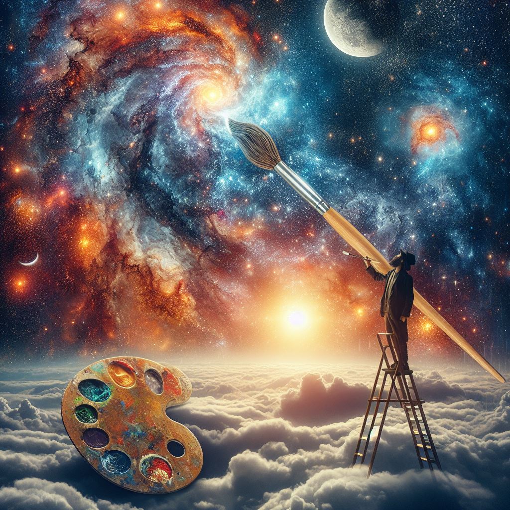 Artist painting galaxy from ladder Artist painting galaxy from ladder