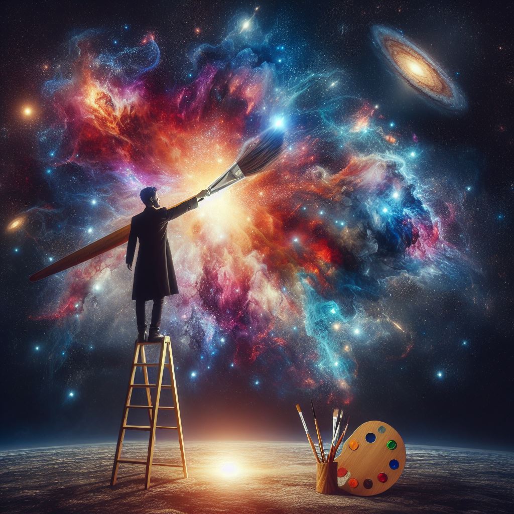Artist painting cosmic nebula Artist painting cosmic nebula