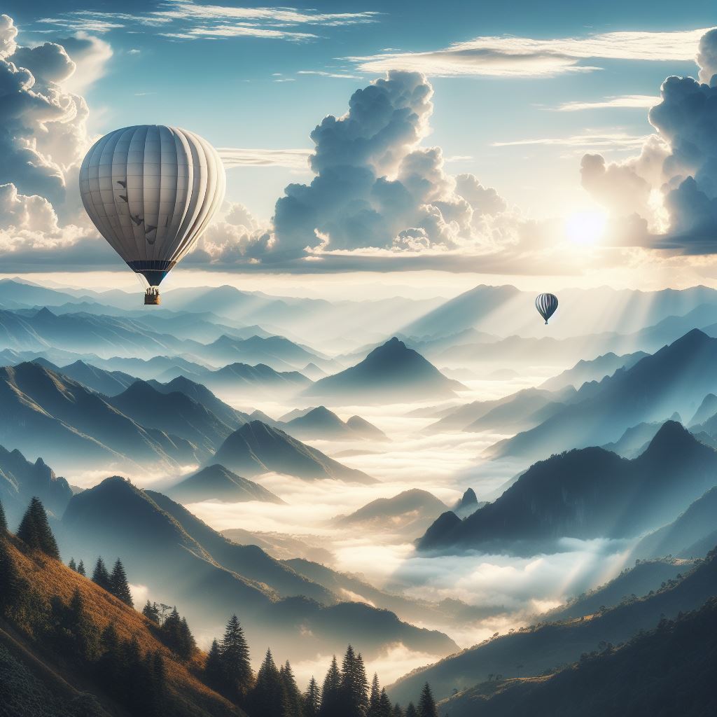 Hot air balloons over mountain range Hot air balloons over mountain range