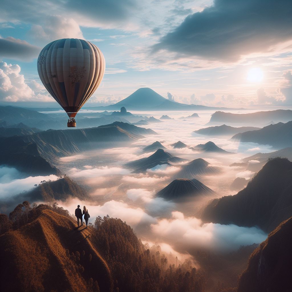 Couple watches hot air balloon over mountains Couple watches hot air balloon over mountains