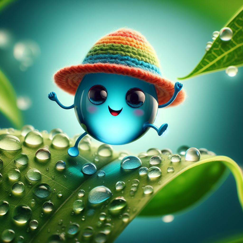 Happy water drop in hat on leaf Happy water drop in hat on leaf