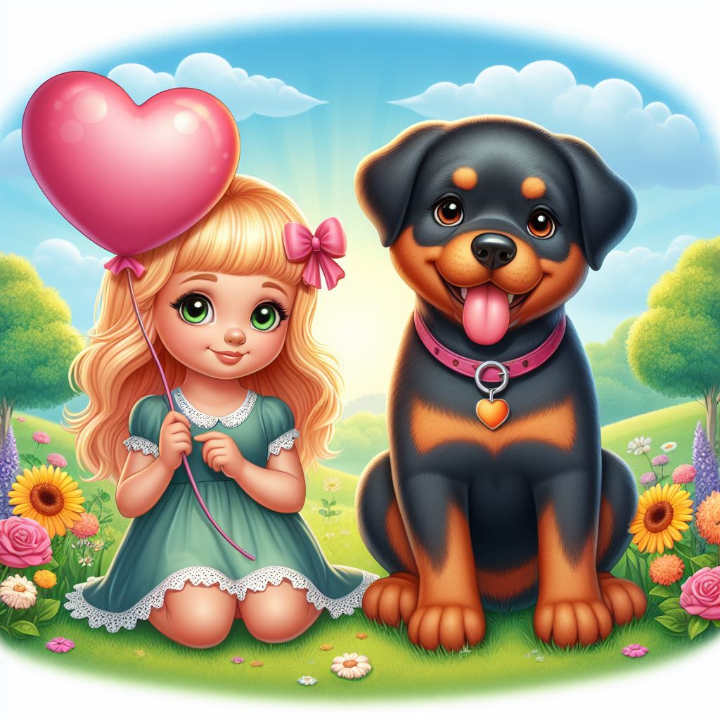 Girl and rottweiler with balloon in field Girl and rottweiler with balloon in field