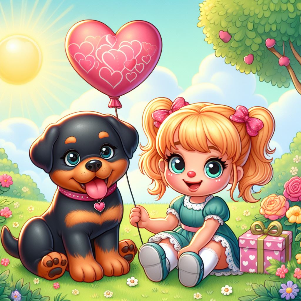 Girl and dog with heart balloon Girl and dog with heart balloon