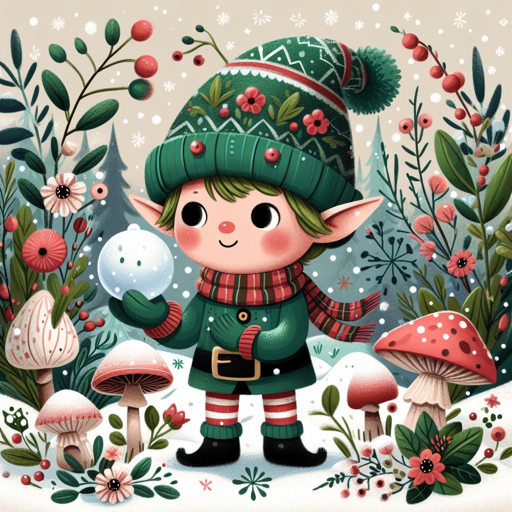 Elf holding snowball in winter forest Elf holding snowball in winter forest