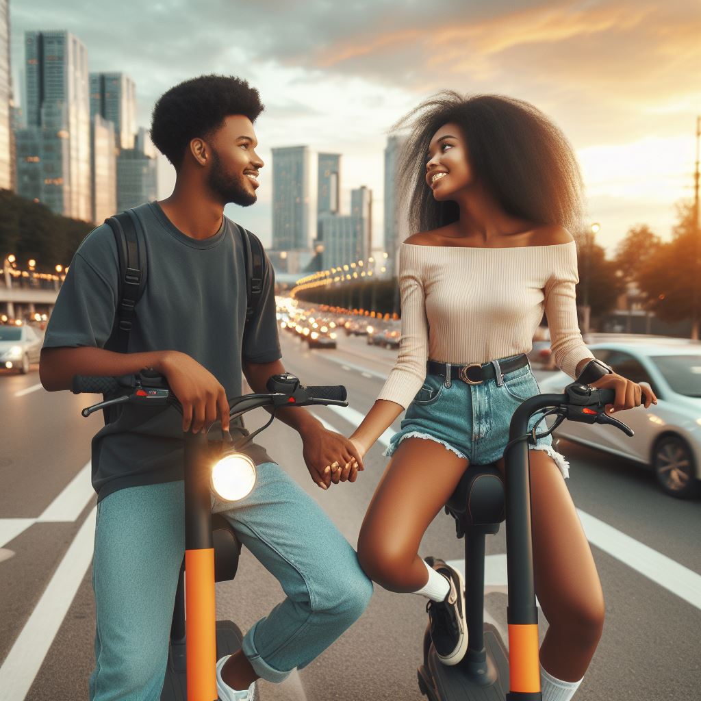 Couple riding scooters in city at sunset Couple riding scooters in city at sunset
