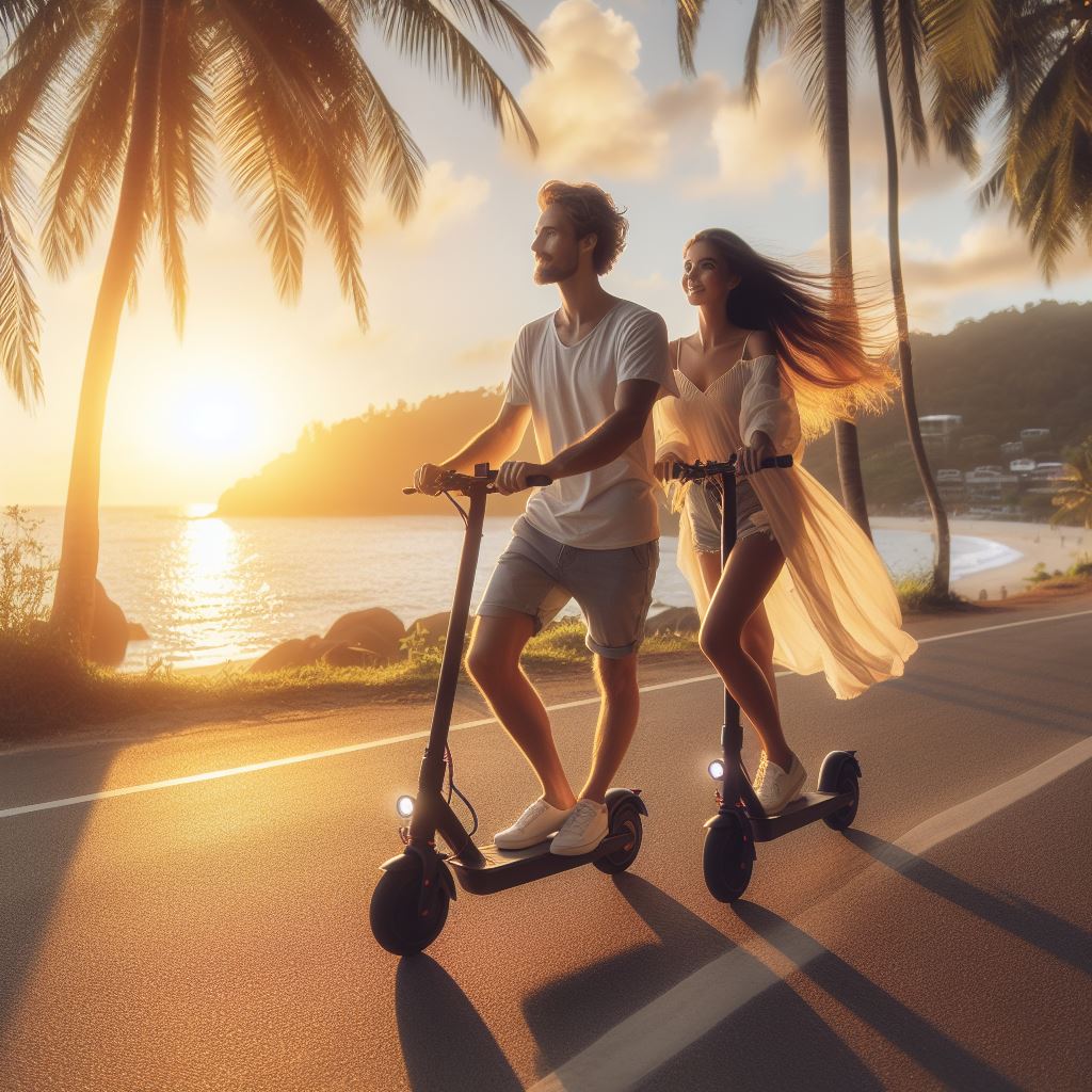 Couple riding scooters at sunset Couple riding scooters at sunset
