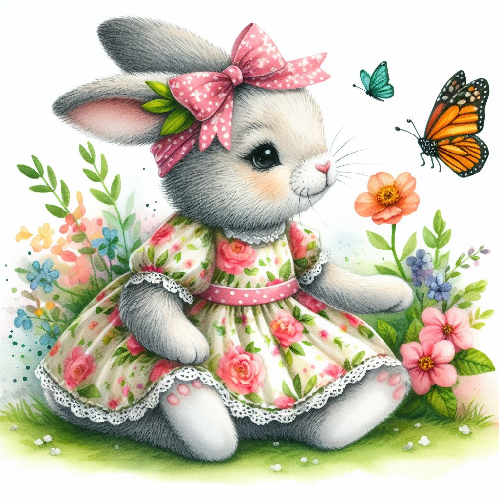Bunny in floral dress watching butterfly Bunny in floral dress watching butterfly