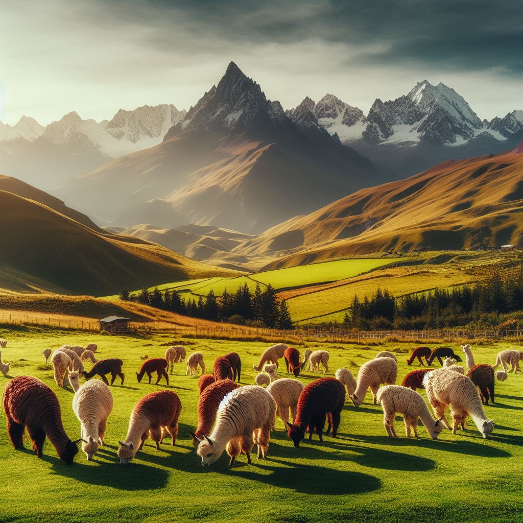 Alpaca herd grazing in mountain valley Alpaca herd grazing in mountain valley
