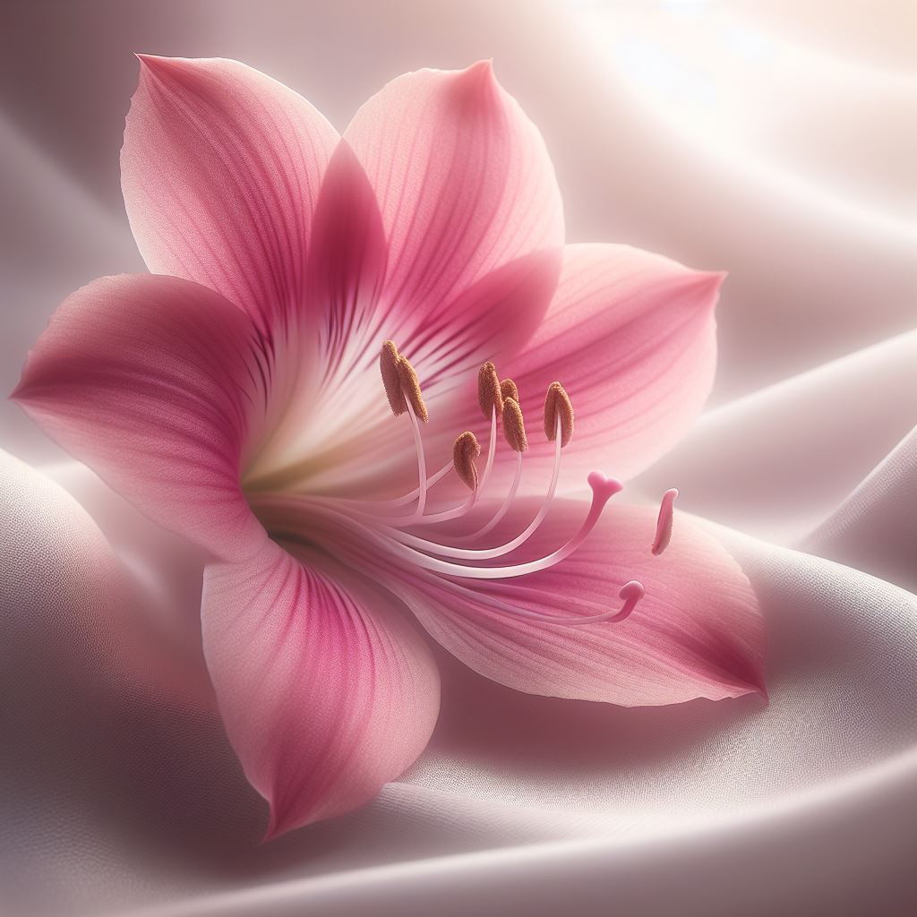 Pink lily on white fabric Pink lily on white fabric