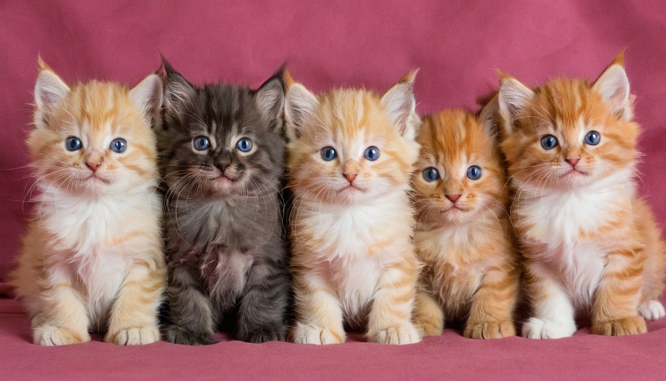 Five kittens sitting on pink background Five kittens sitting on pink background