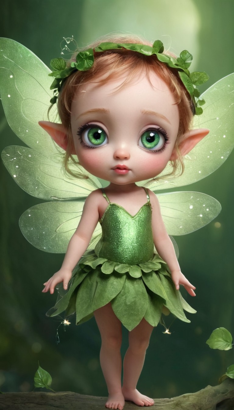 Green fairy with wings on branch Green fairy with wings on branch