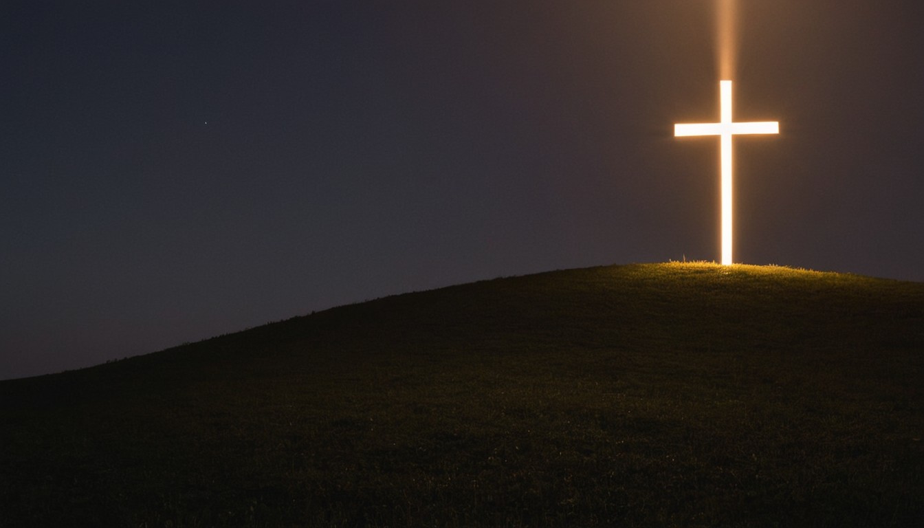 Illuminated cross on hilltop at night Illuminated cross on hilltop at night