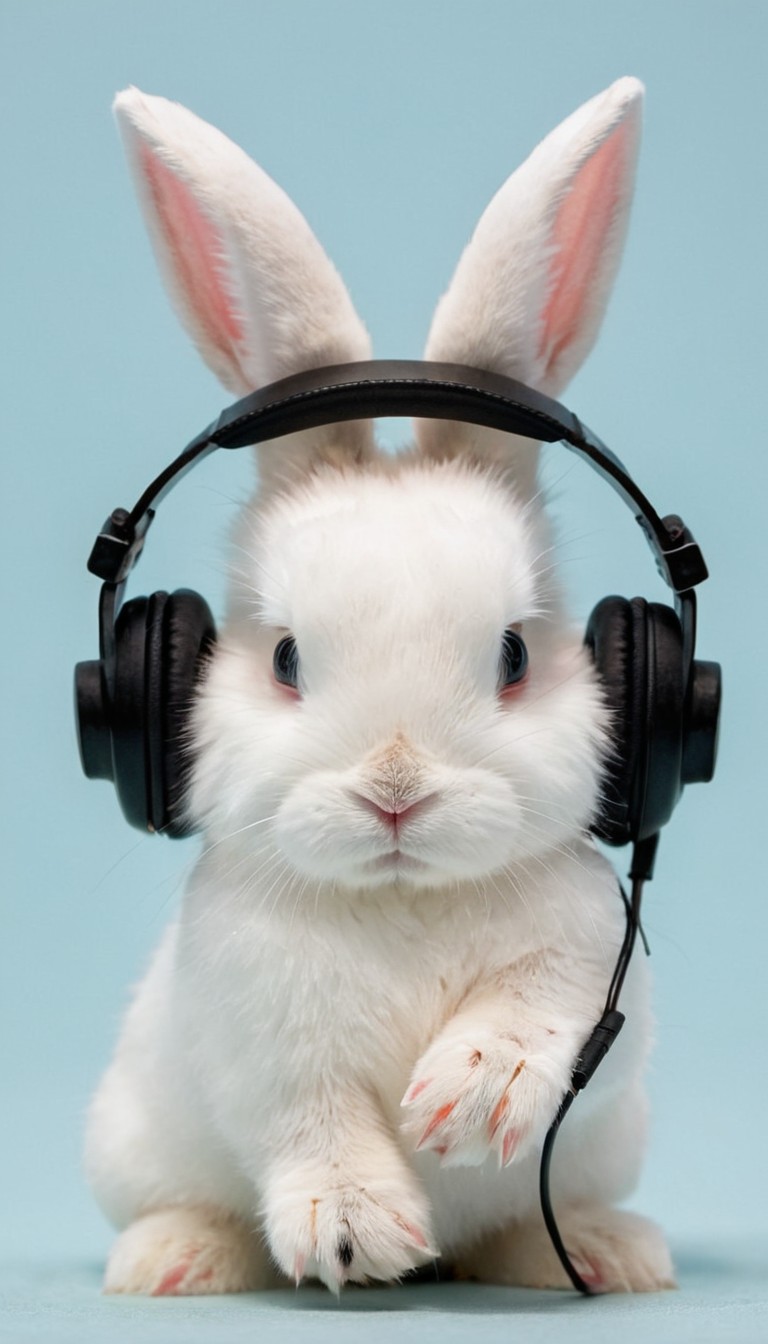 White rabbit wearing headphones White rabbit wearing headphones