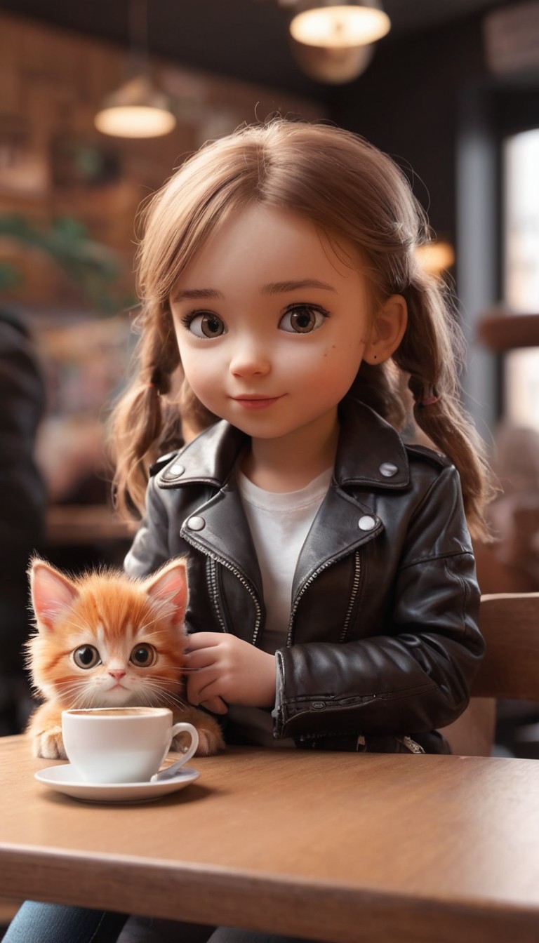 Girl and kitten enjoy coffee Girl and kitten enjoy coffee