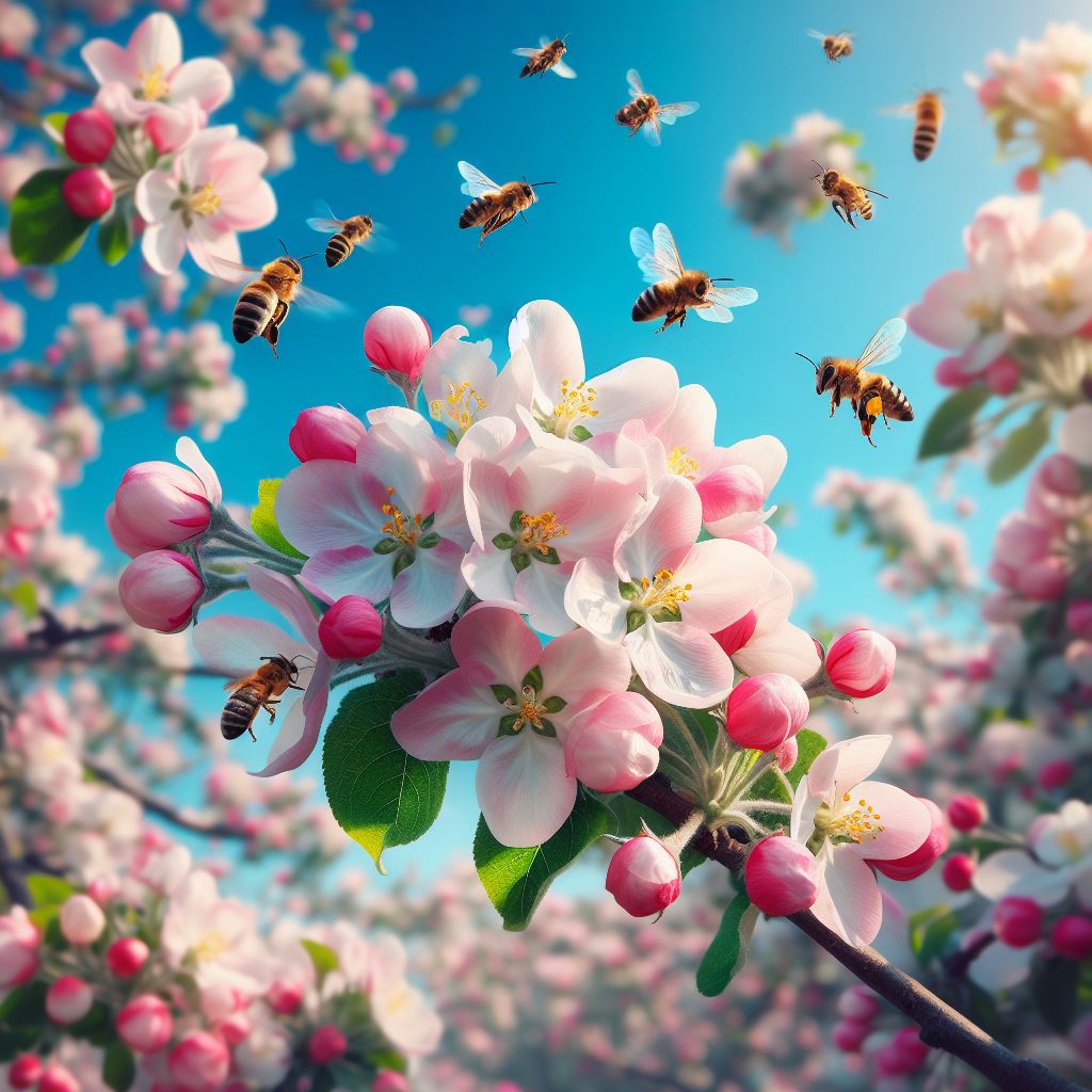 Bees pollinating apple blossoms in spring Bees pollinating apple blossoms in spring