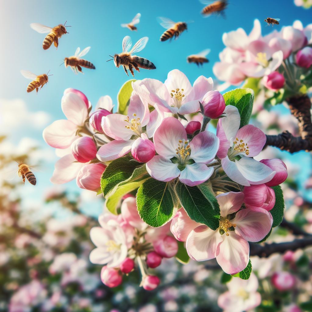 Bees pollinating apple blossoms in spring Bees pollinating apple blossoms in spring