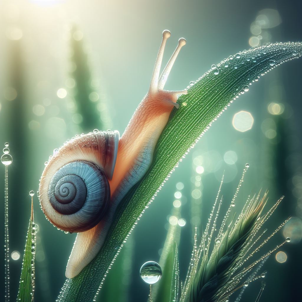 Snail on dewy grass Snail on dewy grass