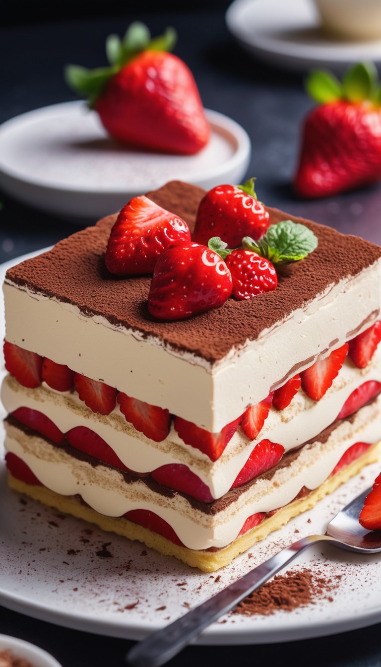 Strawberry tiramisu cake on white plate Strawberry tiramisu cake on white plate