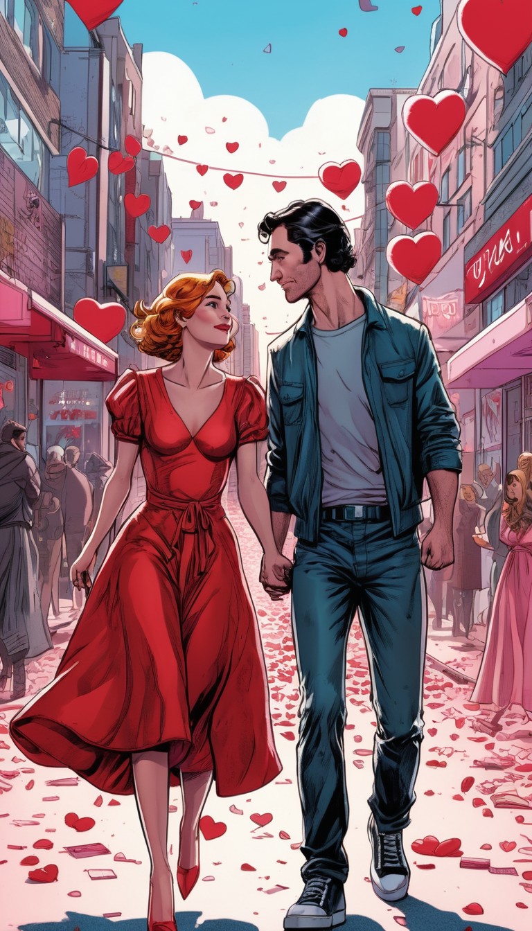 Couple walking through city street decorated with hearts Couple walking through city street decorated with hearts