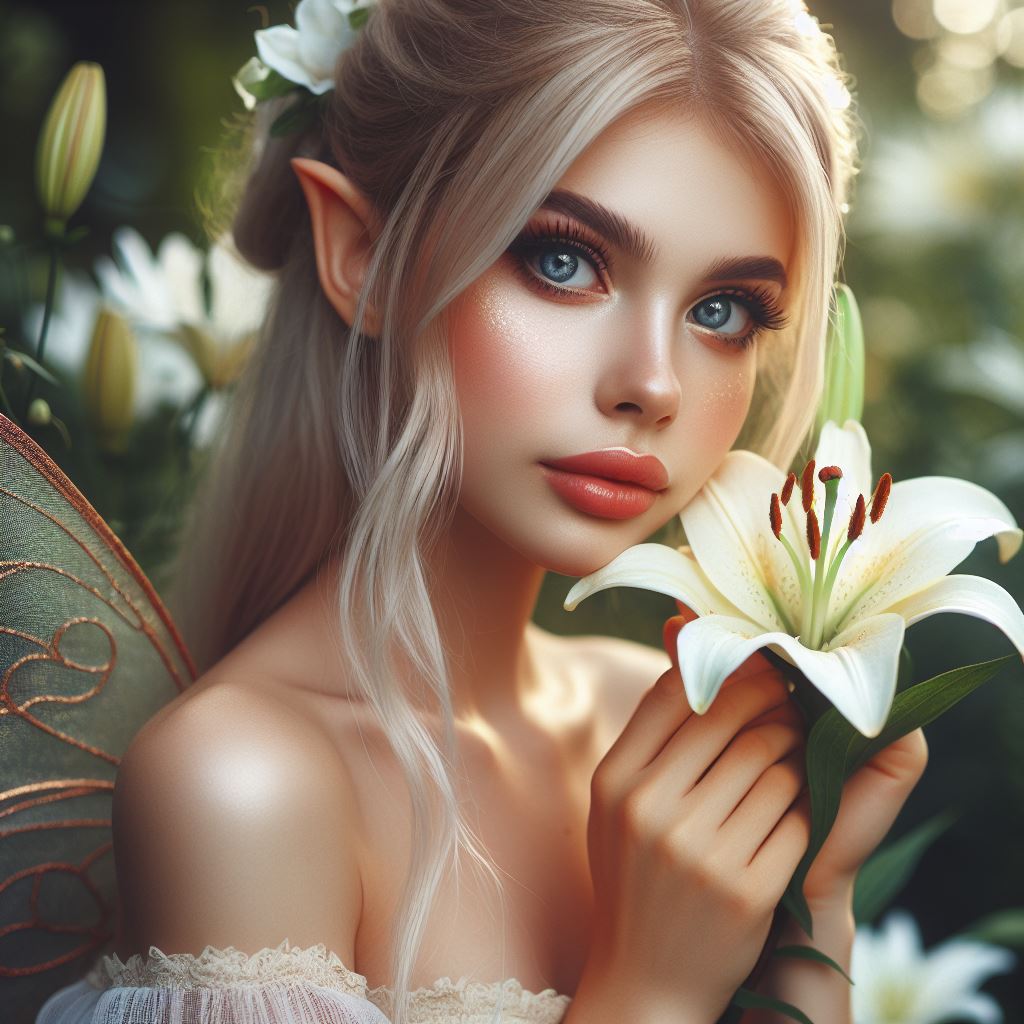 Fairy with lily in forest Fairy with lily in forest