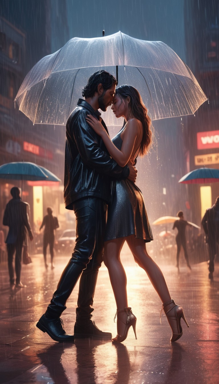 Couple under umbrella in city rain Couple under umbrella in city rain