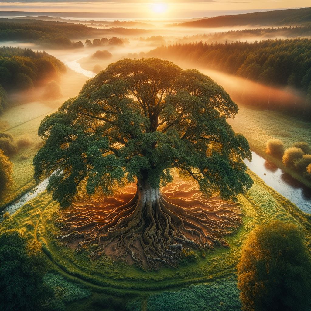 Aerial view of tree at sunrise Aerial view of tree at sunrise