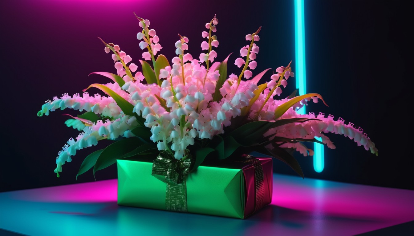 Lily of the valley gift box under neon lights Lily of the valley gift box under neon lights