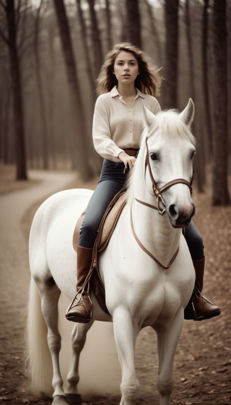 Woman riding white horse in forest Woman riding white horse in forest