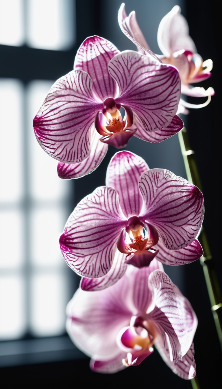 Pink orchid blooms by window Pink orchid blooms by window