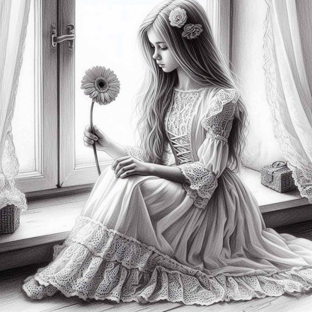 Girl holding a flower by a window Girl holding a flower by a window
