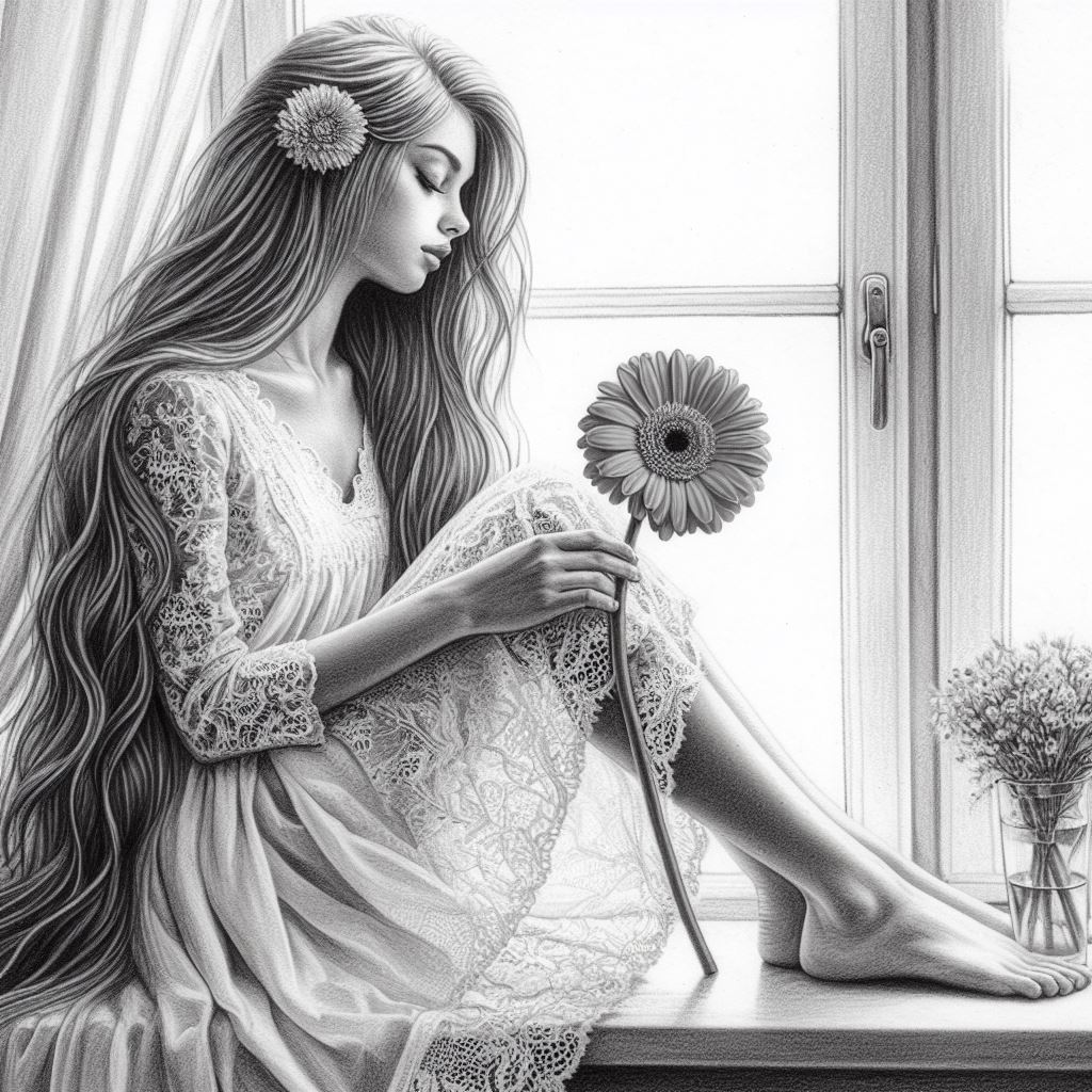 Woman holding flower by window Woman holding flower by window