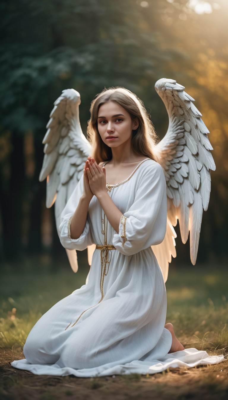 Angel kneeling in forest Angel kneeling in forest