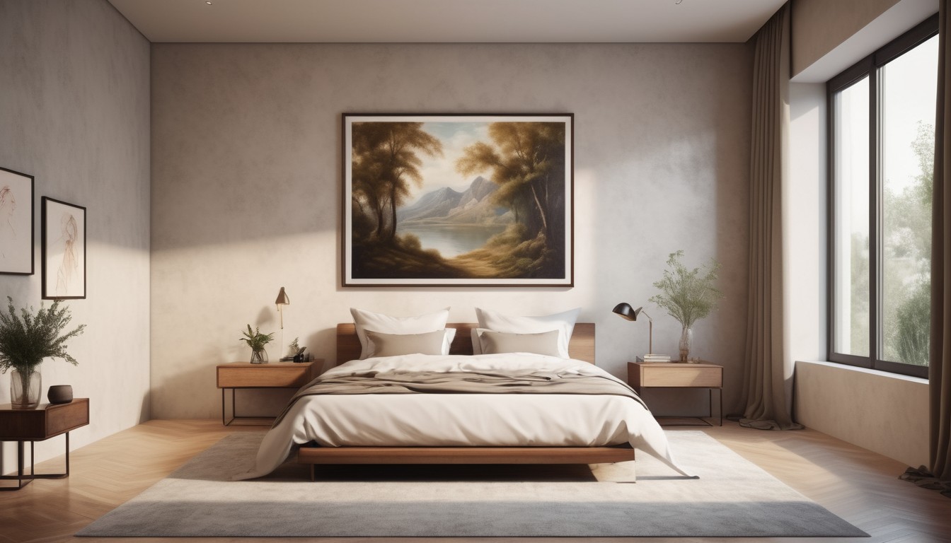 Modern bedroom with landscape painting Modern bedroom with landscape painting