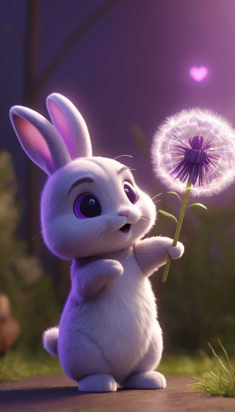 Cute bunny holding dandelion at night Cute bunny holding dandelion at night