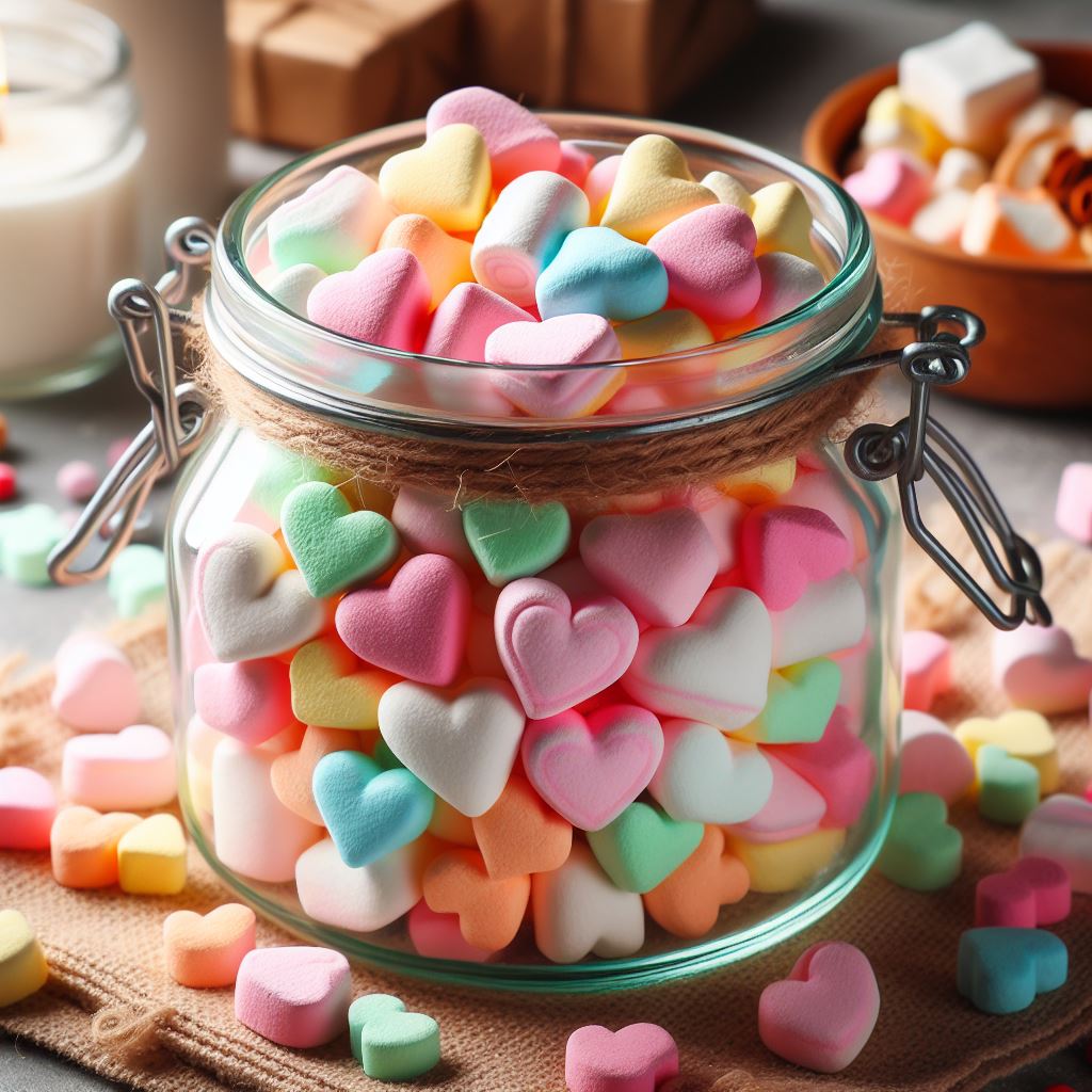 Colorful heart-shaped candies in jar Colorful heart-shaped candies in jar