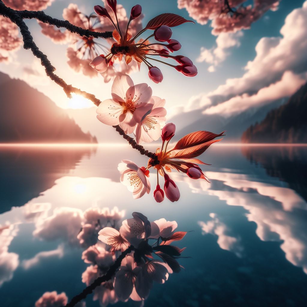 Cherry blossoms reflecting on lake at sunset Cherry blossoms reflecting on lake at sunset
