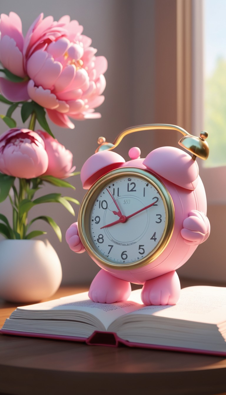 Pink alarm clock on open book Pink alarm clock on open book