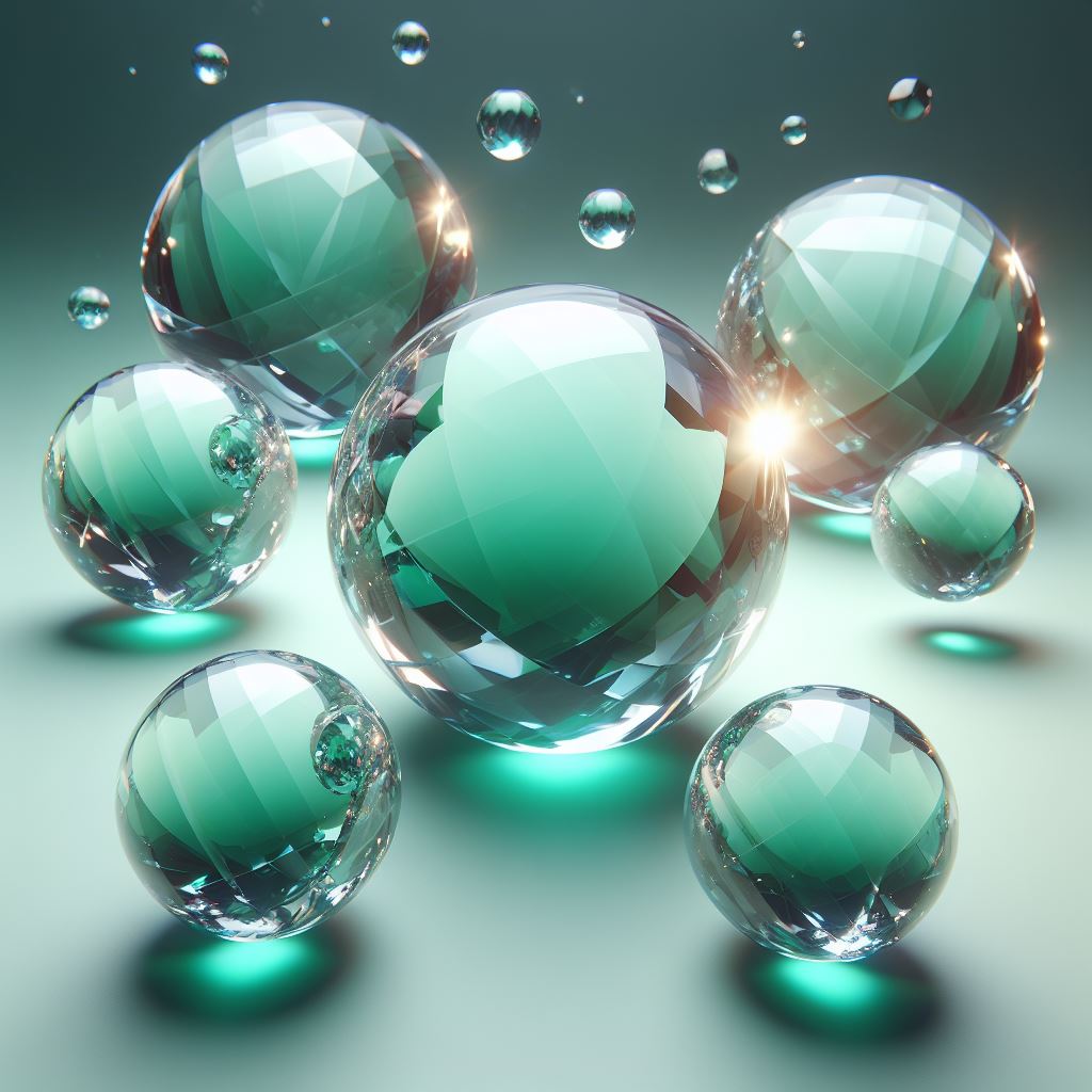 Green crystal spheres on blue background Green crystal spheres on blue background