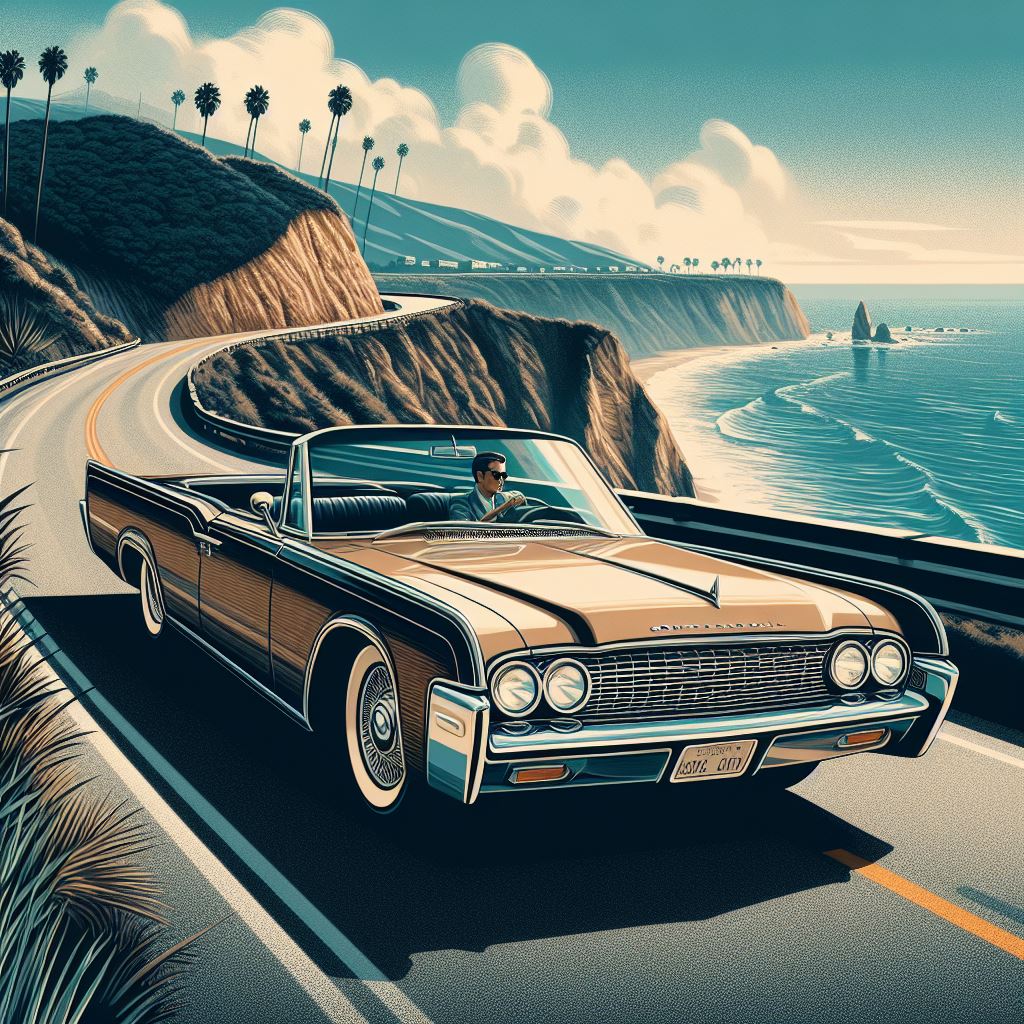 Classic convertible driving coastal road Classic convertible driving coastal road