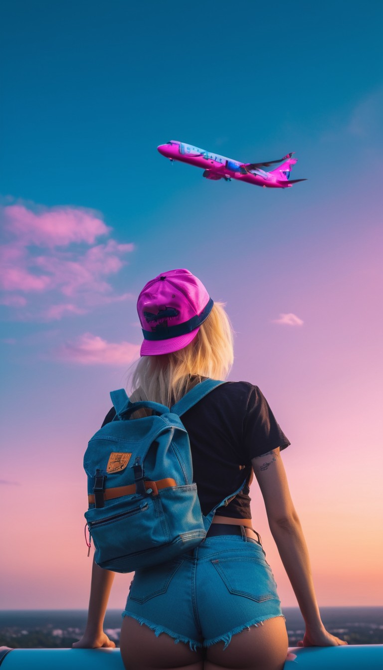 Woman watches plane at sunset Woman watches plane at sunset