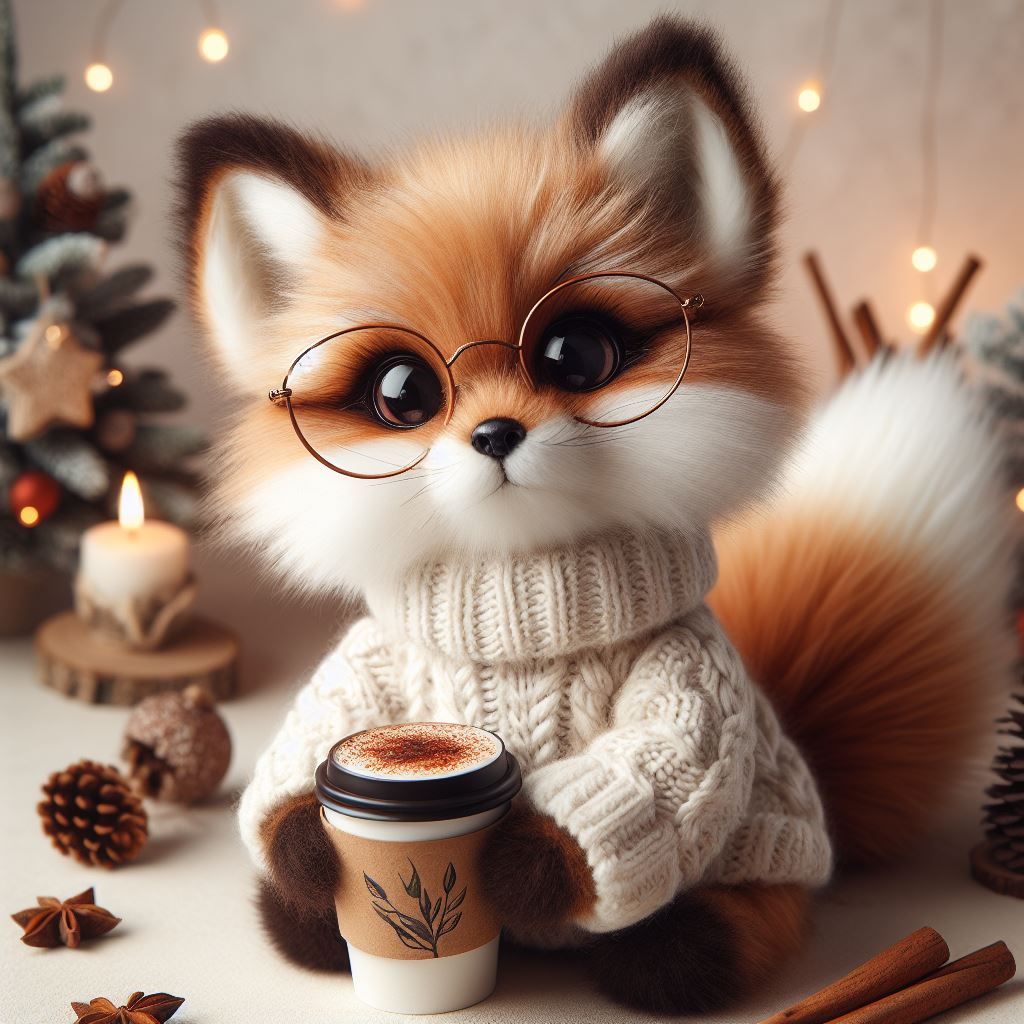 Fox in sweater holding coffee Fox in sweater holding coffee