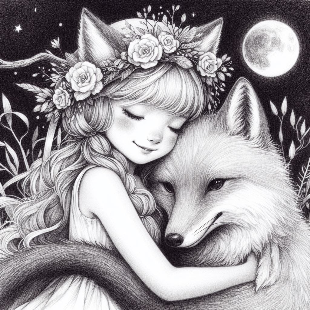 Girl hugging fox under full moon Girl hugging fox under full moon