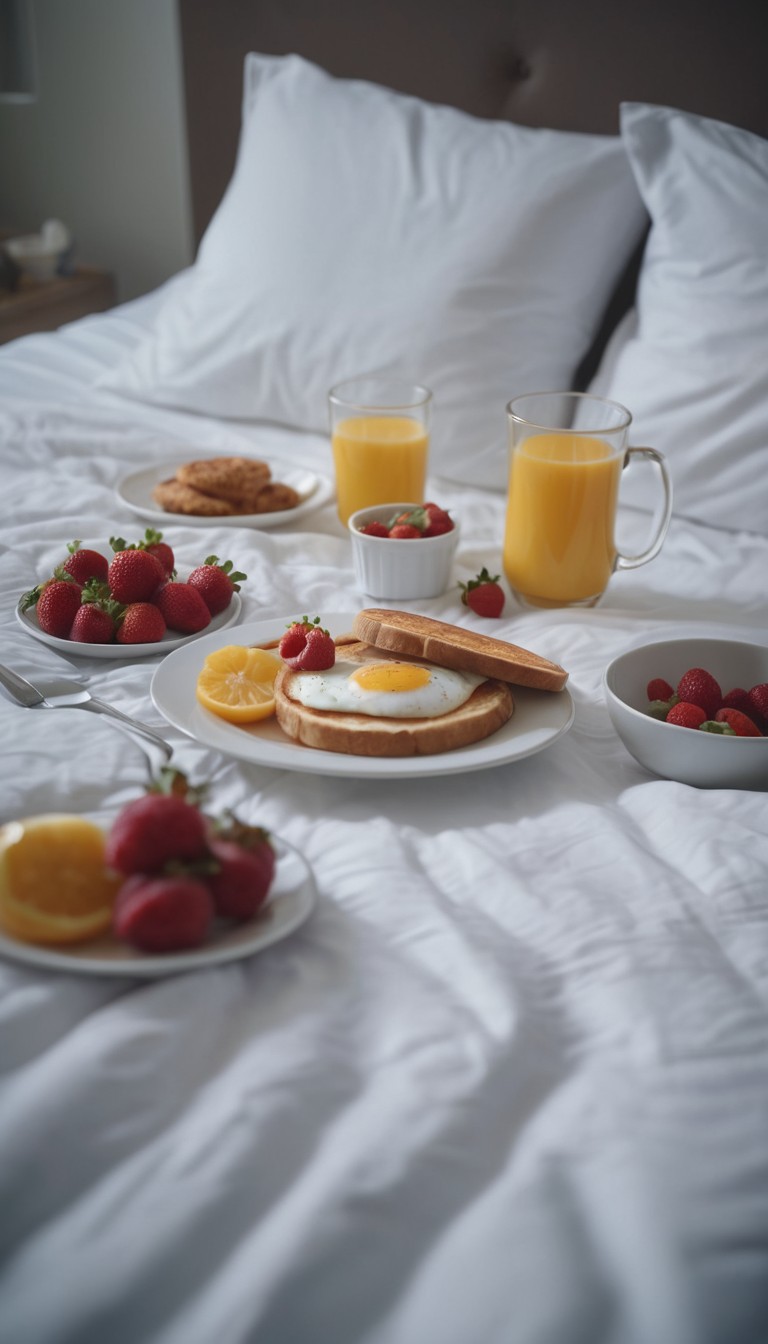 Breakfast in bed with toast and orange slices Breakfast in bed with toast and orange slices