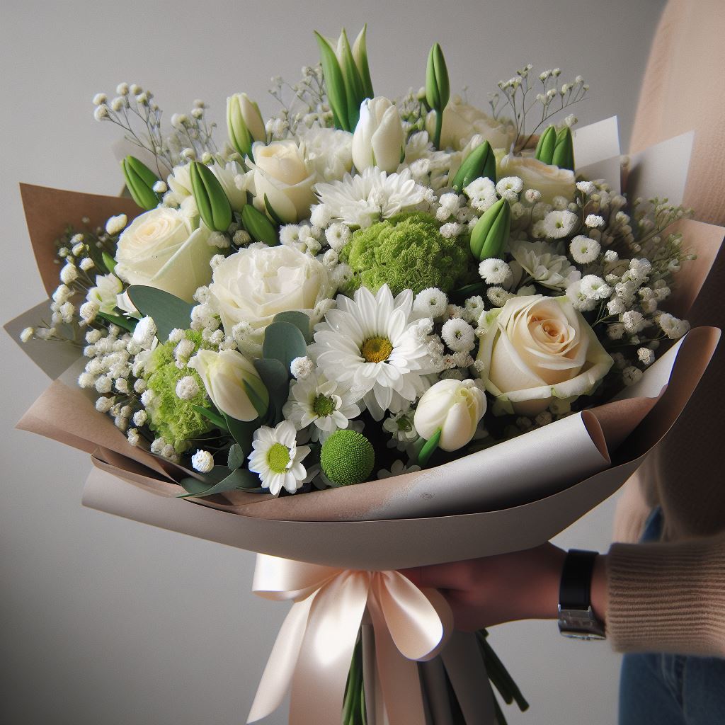 White flower bouquet in brown paper White flower bouquet in brown paper