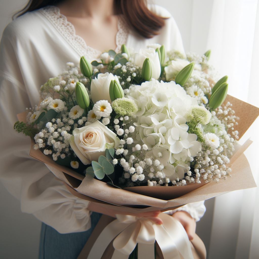 Woman holding white flower bouquet Woman holding white flower bouquet